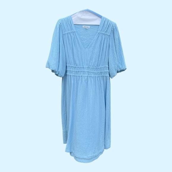 Calvin Klein Crepe V Neck Dress Sky Blue Puffy Sleeves High Waist Size 12 - Picture 1 of 7